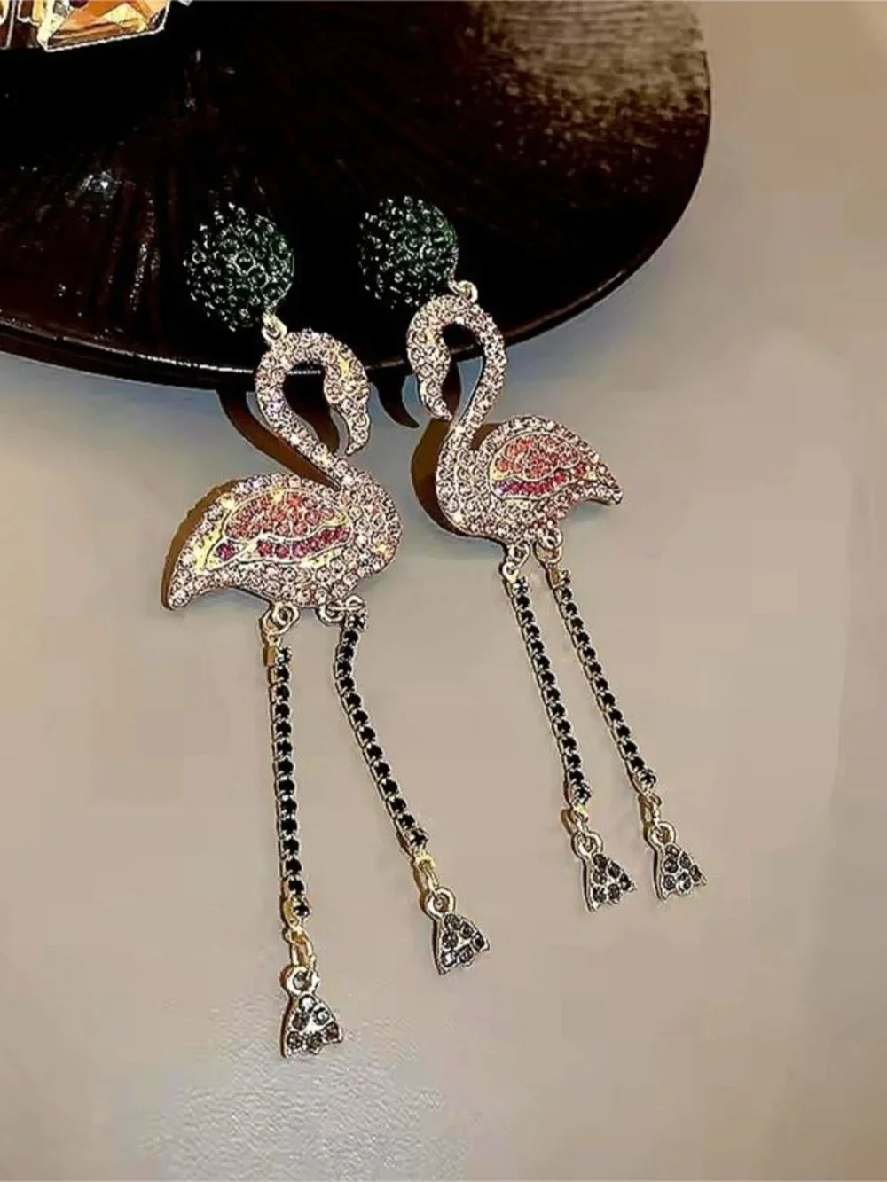 Pink Flamingo Drop Earrings with Green Beaded Tops